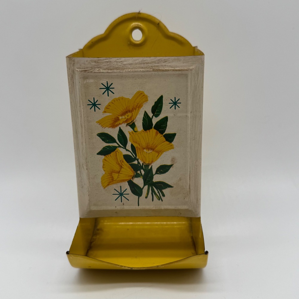 Vintage 1970s Harvest Yellow Tin Floral Atomic Starburst Kitchen Match Holder